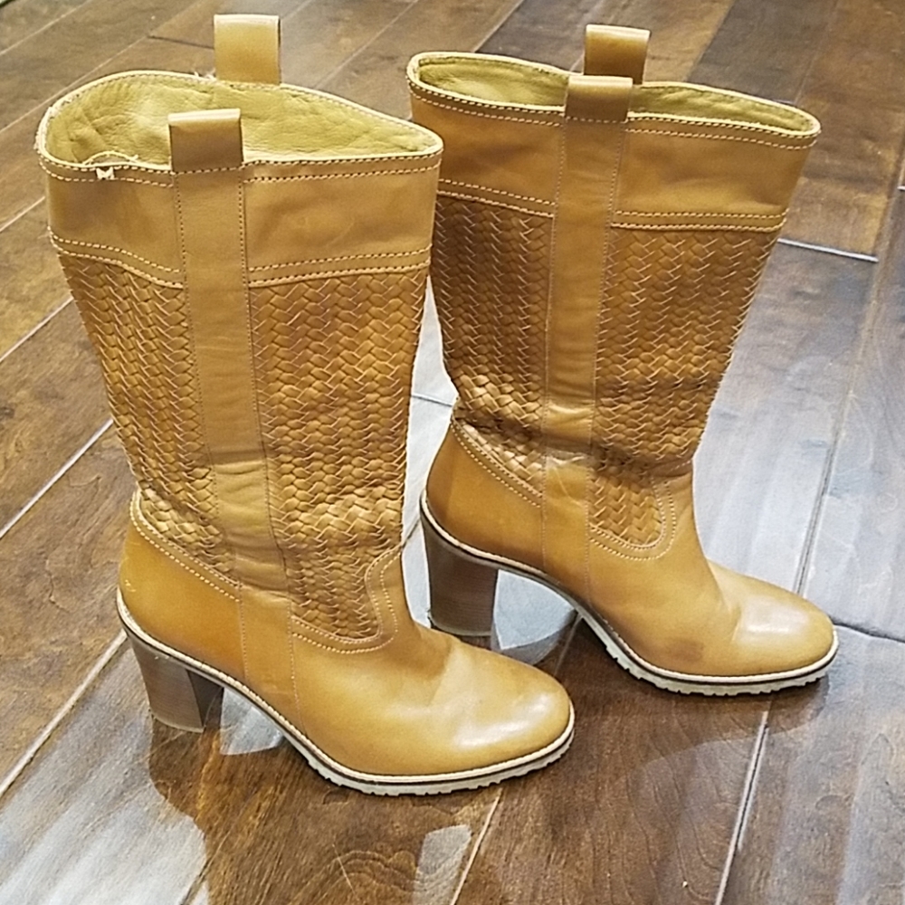 Cole Haan Dallon Tan Woven Mid Calf Heel Boots